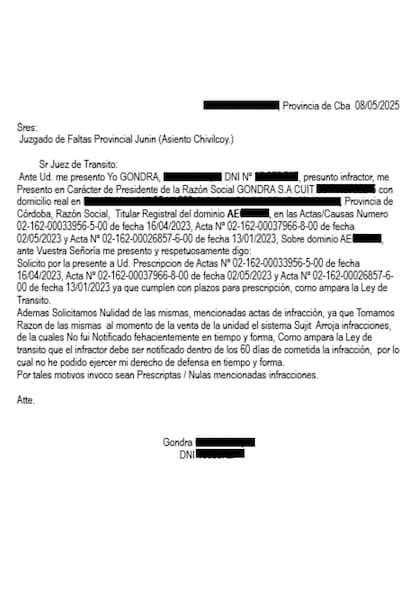 Ejemplo de descargo realizado con éxito porque no se le notificó la infracción al presunto infractor