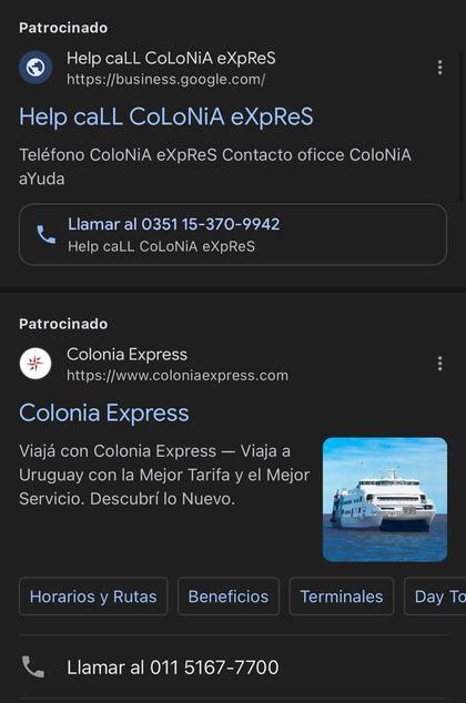 Ejemplo de dominio falso auspiciado en Google en una estafa a la empresa de traslado fluvial Colonia Express (el primero es el apócrifo -nótese la mezcla de mayúsculas y minúsculas- y el de abajo es el real de la empresa)