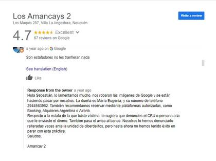 Ejemplo de reseña negativa a raíz de la estafa tanto al interesado como al hospedaje