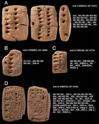 Ejemplos de tablillas protocuneiformes de Uruk, desde Uruk V hasta Uruk III