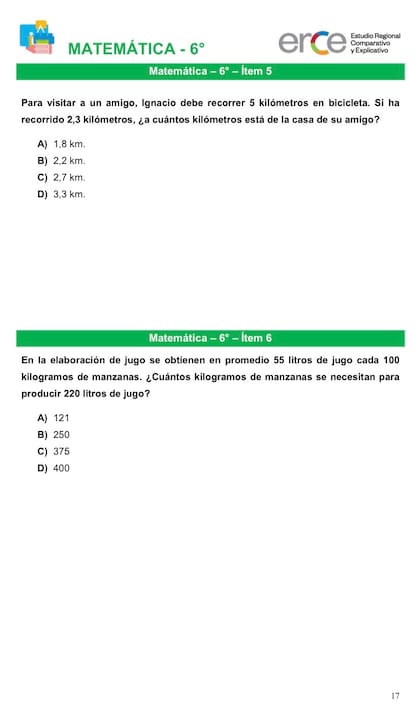 Ejercicio de matemática que se tomó en 2019