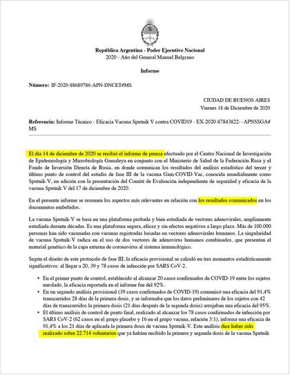 El 18 de diciembre pasado hacían declaraciones en Rusia los integrantes de la comitiva oficial. Casi al mismo tiempo, el director nacional de Control de Enfermedades Transmisibles, Juan Manuel Castelli, firmaba un informe técnico sobre la eficacia de la vacuna.