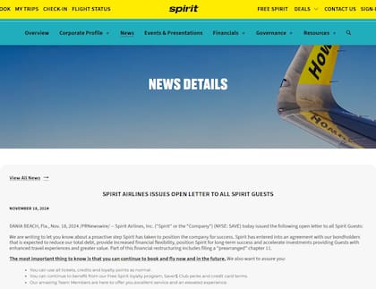 El 18 de noviembre de 2024, la aerolínea lanzó un comunicado para asegurarle a los clientes que la bancarrota no afectaría la calidad de su servicio (Spirit Airlines)