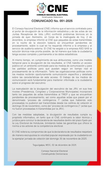 El 2 de diciembre, el CNE anunció fallas técnicas en el sistema donde se realiza el conteo de votos