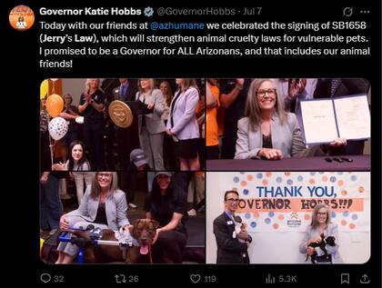 El 26 de septiembre de 2025 entra en vigor la "Ley Jerry" contra el maltrato animal en Arizona. X / Governor Katie Hobbs