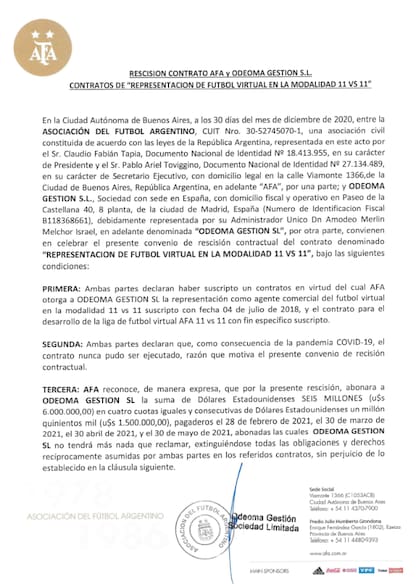 El 30 de diciembre de 2020, Odeoma y la AFA rescindieron el contrato por el Fútbol Virtual.