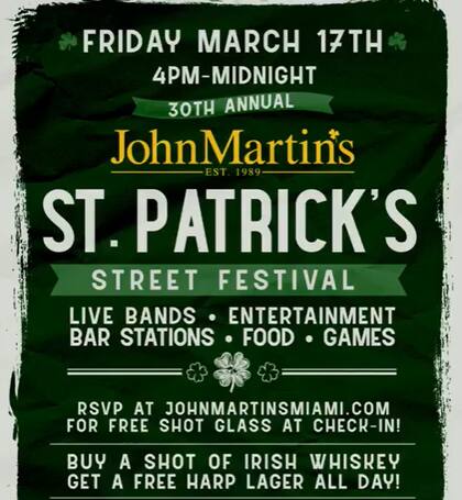 El 30° Festival Callejero Anual del Día de San Patricio se realizará en el John Martin’s Irish Pub & Restaurant