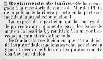 El 5 de enero de 1888, La Nación anunció la creación de un "reglamento de baño"