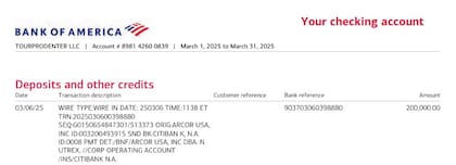 El 6 de ese mes, Arcor transfirió US$ 200.000 a una cuenta de TourProdEnter en el Bank of America