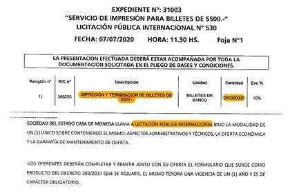 El 6 de junio pasado la Argentina lanzó una licitación para comprar billetes de $500. Era en la práctica la convalidación de una importación. Pero esos papeles tampoco llegarán al país.