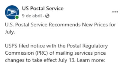 El 9 de abril el USPS confirmó en aumento de sus tarifas y publicó los nuevos costos que entraron en vigor el 13 de julio. Foto: Facebook / US Postal Service
