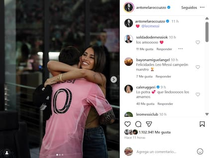 El abrazo entre Leo Messi y Anto Roccuzzo tras el título del Inter Miami