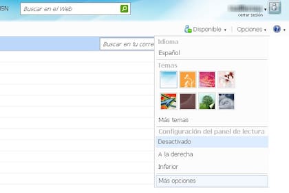 El acceso a las opciones de configuración de Hotmail se encuentra en la parte superior derecha del cuadro de navegación