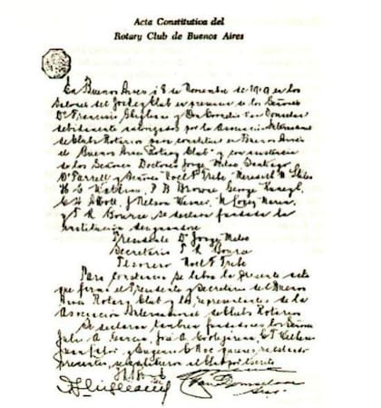 El acta de fundación del Rotary Club de Buenos Aires, con la firma de Jorge Mitre