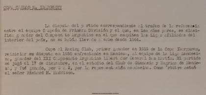 El acta de la AFA que menciona el triunfo de la Liga Mendocina en en la Copa Ibarguren de 1950, pero que nadie reclama porque no fue ganado por un equipo grande.