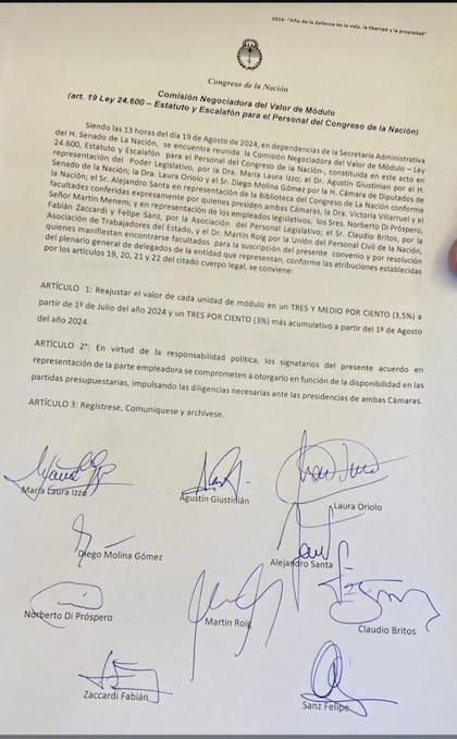 El acta de la paritaria que le otorgó ayer al personal legislativo un aumento de 6,6%; firmaron Villarruel y Menem, por el Senado y Diputados, respectivamente