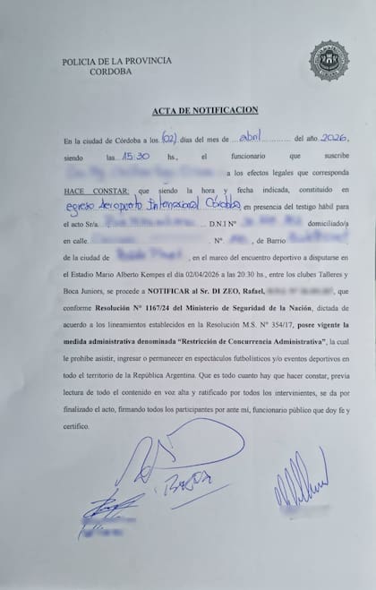 El acta de notificación para Rafael Di Zeo rubricado por la Policía de la Provincia de Córdoba
