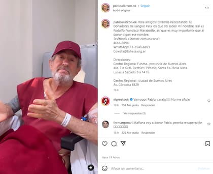 El actor está internado y explicó que necesita 12 dadores de sangre (Foto: Instagram @pabloalarcon.ok)
