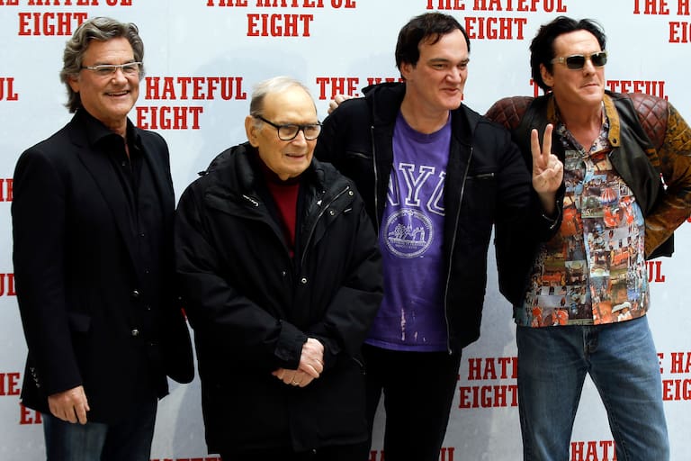 El actor Kurt Russell, el compositor Ennio Morricone, el director Quentin Tarantino y Madsen, en la presentación de la película Los 8 más odiados