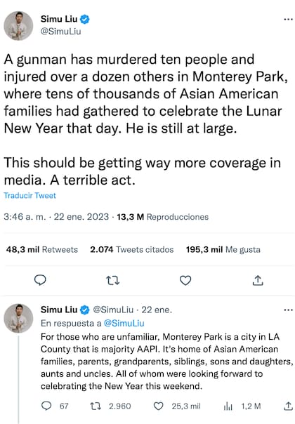 El actor Simu Liu publicó un hilo de Twitter sobre el tiroteo en el sur de California