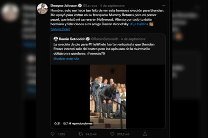 El actor utilizó su cuenta de Twitter para demostrar su iración a su colega (Captura Twitter @TheRock)