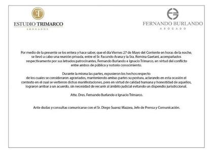 El acuerdo entre Romina Gaetani y Facundo Arana según el comunicado que acercaron los abogados