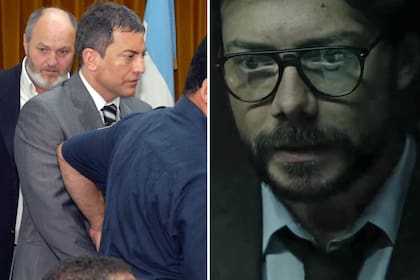 El acusado Fernando Araujo y atrás Zalloechevarría llegan para el comienzo del juicio. A la derecha, El profesor de La Casa de Papel