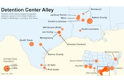 El Adams County Detention Center en Mississippi lidera la lista de detenciones, con un promedio diario de 2,154 arrestos