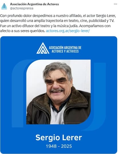 El adiós de la Asociación Argentina de Actores y Actrices a Sergio Lerer