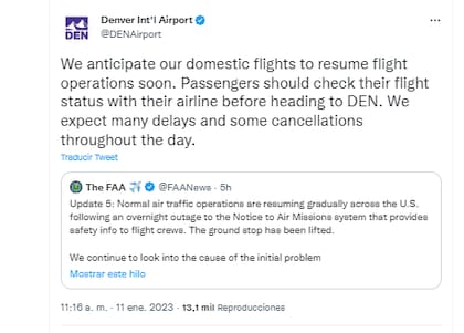 El aeropuerto de Denver informó que pese a la reanudación de sus actividades, todavía experimentarían retrasos y cancelaciones