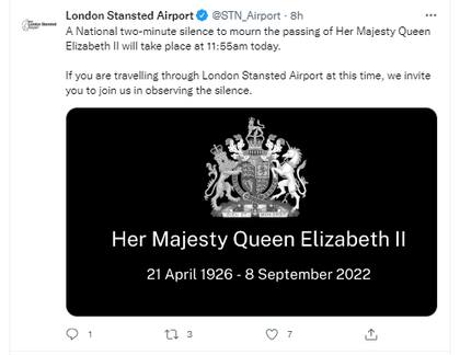 El aeropuerto de Stansted de Londres se unió a los dos minutos de silencio en honor a Isabel II