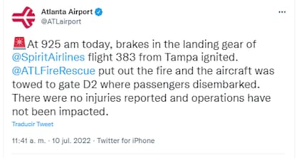 El Aeropuerto Internacional de Atlanta informó en sus redes sociales sobre incendio del tren de aterrizaje del vuelo 383 de Spirit Airlines (Crédito: Twitter/@ATLairport)