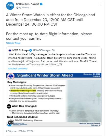 El aeropuerto internacional de O'Hare en Chicago permanece alerta ante el cambio de las condiciones meteorológicas