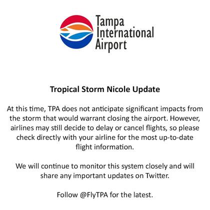 El Aeropuerto Internacional de Tampa anunció que no cierra por el momento, al tiempo que dijo que no funciona como refugio