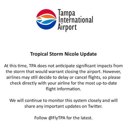 El Aeropuerto Internacional de Tampa anunció que no cierra por el momento, al tiempo que dijo que no funciona como refugio