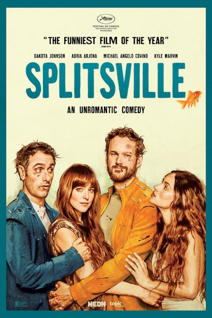 El afiche de la comedia romántica que se acaba de estrenar, Splitsville (en nuestro país conocida como Amores compartidos) junto a Dakota Johnson, Kyle Marvin y Michael Angelo Covino