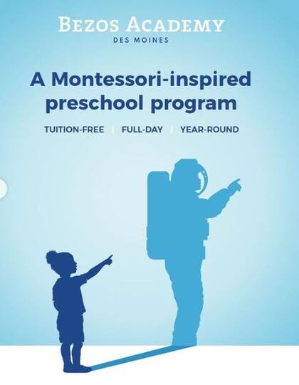 El afiche de la escuela preescolar de Bezos Academy en Des Moines, Washington, resume en un diseño lo que el magnate pretende de los niños que estudien en sus instituciones: una salida hacia el futuro