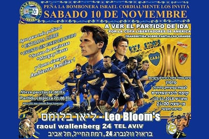El afiche de la peña de Boca en Tel Aviv, "La Bombonera", que invita a ver la gran final en pantalla gigante