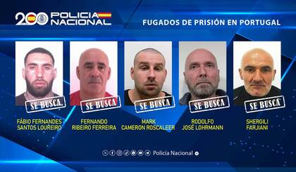 El afiche de la Policía Nacional de España sobre la fuga de Rodolfo Lohrmann y otros cuatro peligrosos criminales de una cárcel de Portugal
