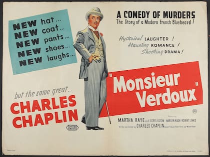 El afiche de "Monsieur Verdoux", la película de Charles Chaplin inspirada en la vida de Henri Landru. "Una comedia de asesinatos. La historia de un moderno francés de barba azul", dice