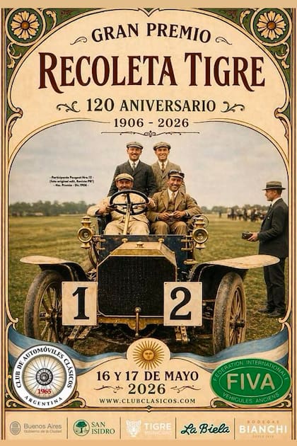 El afiche de promoción del Recoleta-Tigre en vísperas de su 120º aniversario, con ilustración de un Peugeot que resultó 4º en la primera realización, en diciembre de 1906.