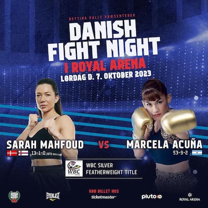 El afiche del duelo de este sábado entre la formoseña Acuña y la danesa Sarah Mahfoud, por el campeonato Plata del Consejo Mundial de Boxeo (CMB)