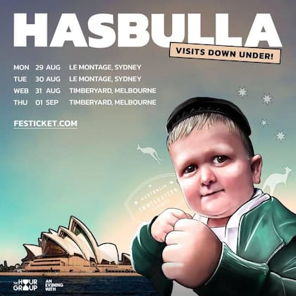 El afiche promocional de la visita de Hasbulla a Australia el próximo mes de agosto