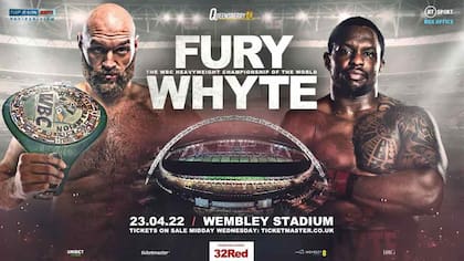 El afiche que promociona la pelea entre Tyson Fury y el británico Dillian Whyte, programada para el 23 del mes próximo en el estadio de Wembley y con 90.000 espectadores