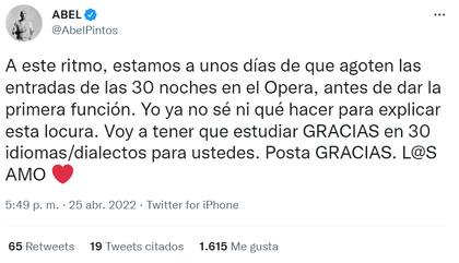 El agradecimiento de Abel Pintos a los fanáticos que concurrirán al Teatro Ópera