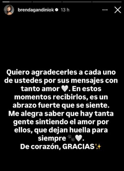 El agradecimiento de Brenda Gandini a sus seguidores por el apoyo que recibió tras la muerte de Buko
