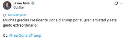 El agradecimiento de Javier Milei a Donald Trump luego de su encuentro en Nueva York (Fuente: X @JMilei)