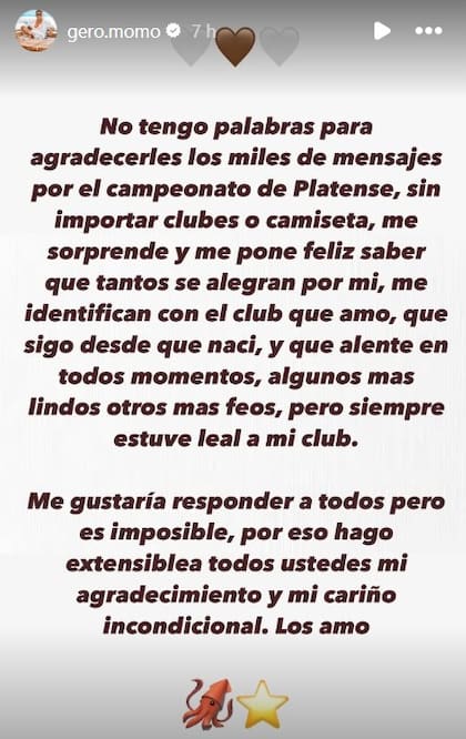 El agradecimiento de Momo a amigos y usuarios de las redes sociales que lo felicitaron por la consagración de Platense