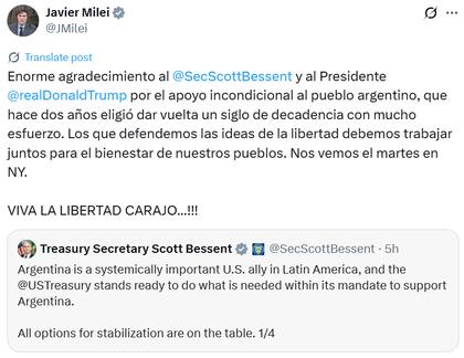 El agradecimiento del Presidente por el apoyo de Bessent y Trump (Fuente: X @JMilei)