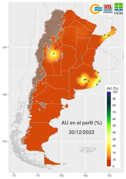 El agua útil (AU) en el perfil del suelo. Se trata de la lámina de agua aprovechable por los cultivos hasta un metro de profundidad